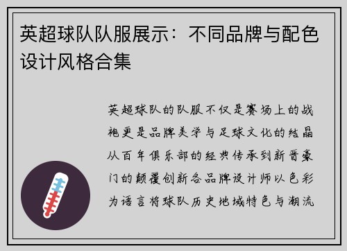 英超球队队服展示：不同品牌与配色设计风格合集
